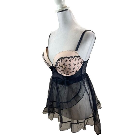 Victoria’s Secret Brand Apron Style Pink and Black Chemise Size 36D - Picture 1 of 16